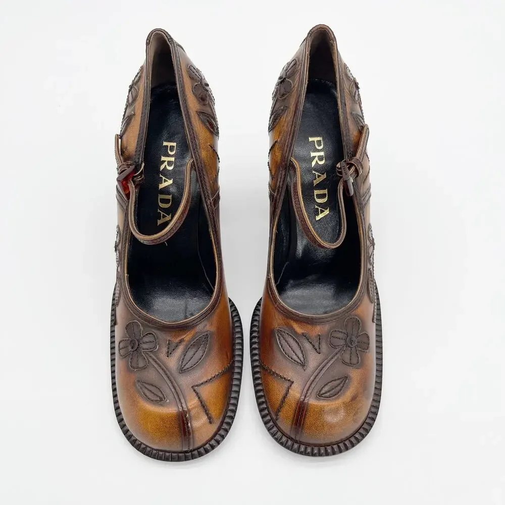 Prada Vintage 1996 Floral Appliqué Antiqued Leather Mary Jane Heels IT 38.5